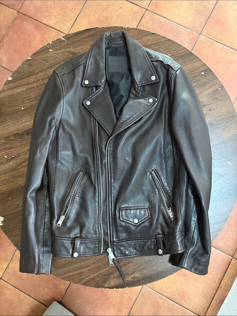 AllSaints Dark Brown Leather Biker Jacket large